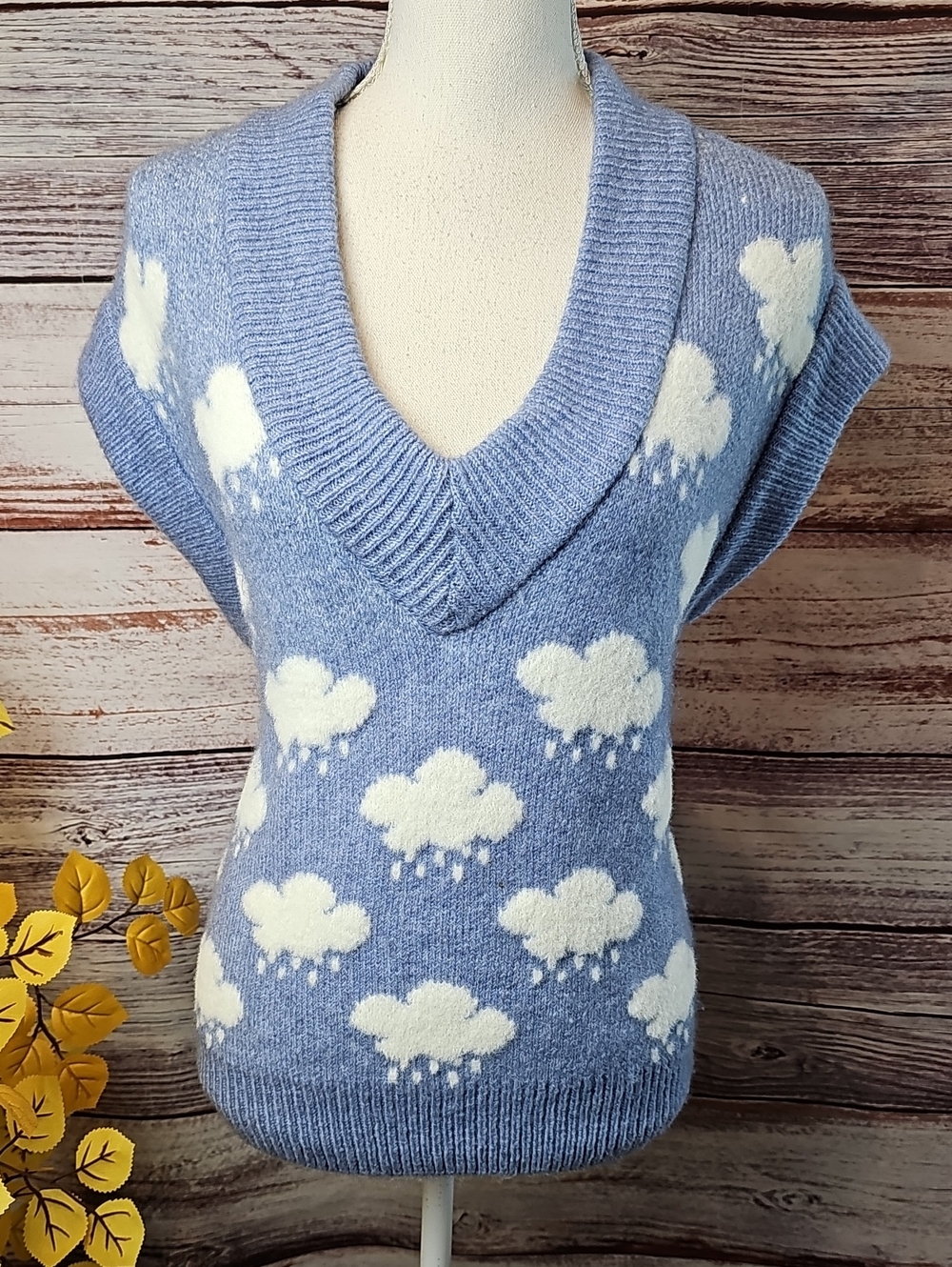 ZARA BLUE CLOUD SLEEVELESS V-NECK PULLOVER SWEATER VEST *FLAWED* - Picture 2 of 13